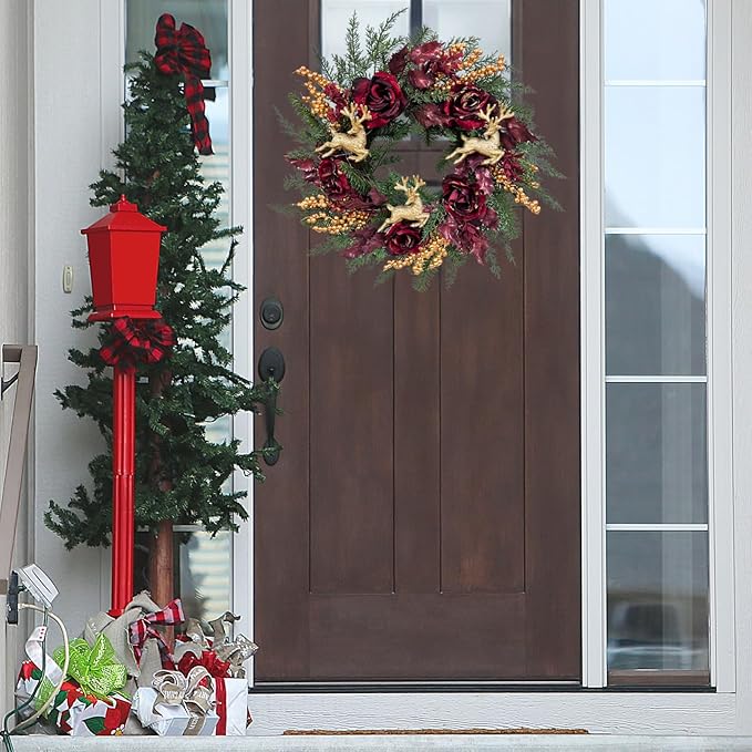 22 Inch Pre-Lit Artificial Christmas Wreath Rose Wreath with Glitter Christmas Deer Reindeers Figurine Decor Berries and Timer for Front Door Window Indoor Outdoor Festive Xmas Holiday