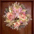 22inch Christmas Pink Wreath for Front Door with 30 LED Lights,Elegant Magnolia Christmas Door Wreath,Festive Holiday Decor, Frosted Winter Pink Decorations for Wedding