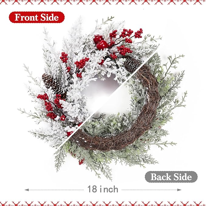 Christmas Wreath, 18 Inch Snow Flocked White Winter Wreath with Pine Cones Berries Apples for Front Door Fireplace Table Centerpiece Holiday Home Indoor Outdoor Decoration