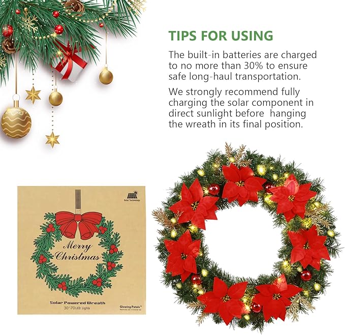 Solar Christmas Wreath 30 Inches Pre-Lit Solar 70 Led Artificial Wreath For Front Door Window Outdoor Christmas Decor with Poinsettias Golden Glitter Pine Branches Christmas balls(3003)