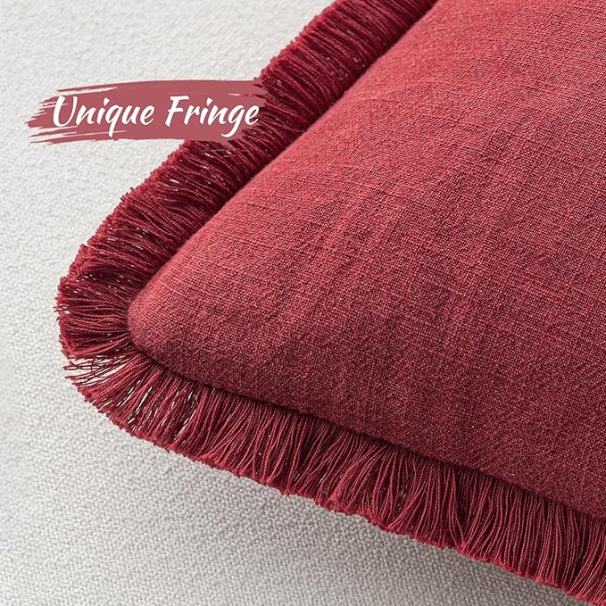 MIULEE Christmas Decorative Throw Pillow Covers Neutral Linen Fringe Throw Pillows Set of 2 Burgundy Boho Farmhouse Cushion Covers with Tassels for Couch Sofa Bed Living Room Home Decor 18x18 Inch