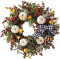 WANNA-CUL 24 inch Large Farmhouse Fall Wreath Decor for Front Door with White Pumpkin,Cotton,Lamb's Ear and Eucalyptus Leaves,Harvest Door Wreath for Autumn or Thanksgiving Decorations