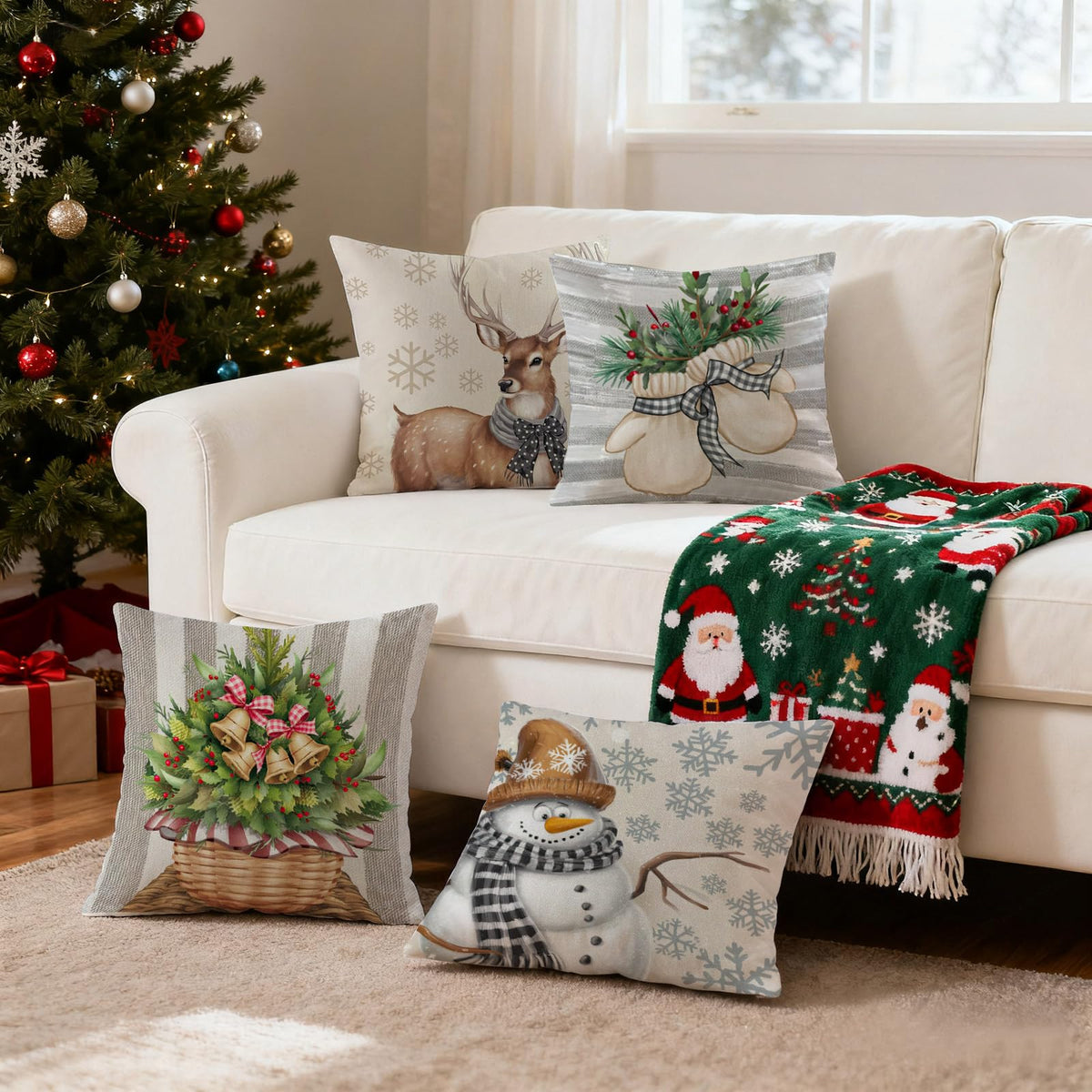 HDVUHKI Christmas Pillow Covers 16x16 inch Set of 4, Holiday Winter Outdoor Vintage Snowflake Xmas Snowman Neutral Farmhouse Seasonal Burlap Reindeer Decorations for Sofa Couch