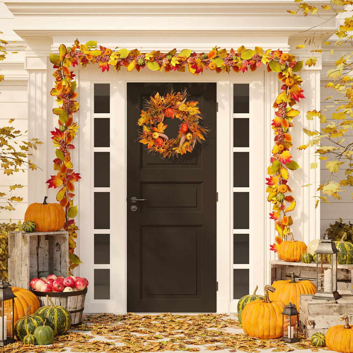 PurpleSwan 19Inch Fall Wreath, Artificial Pumpkins Maple Leaves Berry Fall Wreaths for Front Door Decor, for Home Autumn Harvest Thanksgiving Porch Outdoor Decorations.