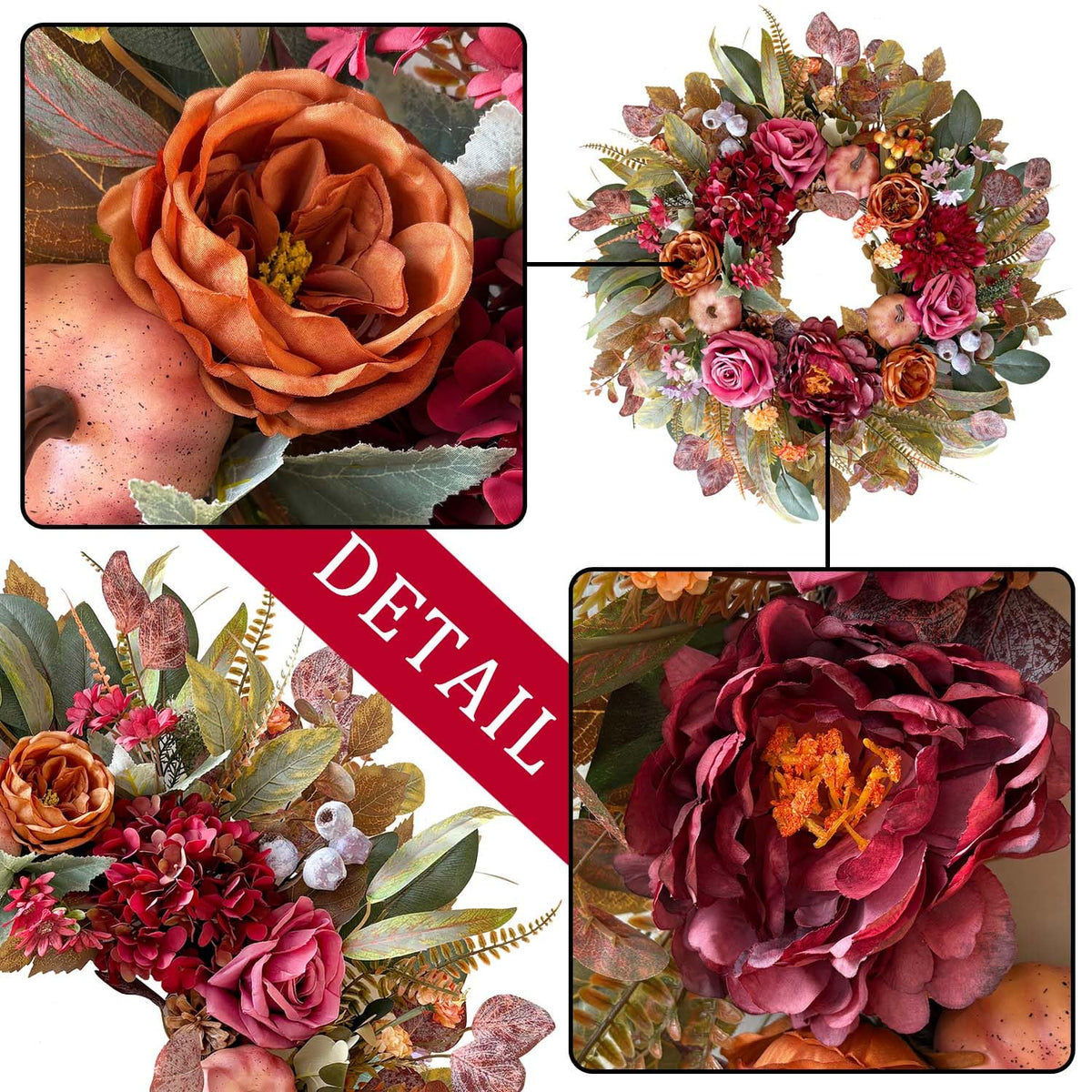 WANNA-CUL 24 Inch Fall Floral Wreath for Front Door with Roses Dahlias Hydrangeas&Pumpkins, Artificial Autumn Harvest Wreath Thanksgiving Farmhouse Decor for Table Wall Mantel Window Indoor Outdoor