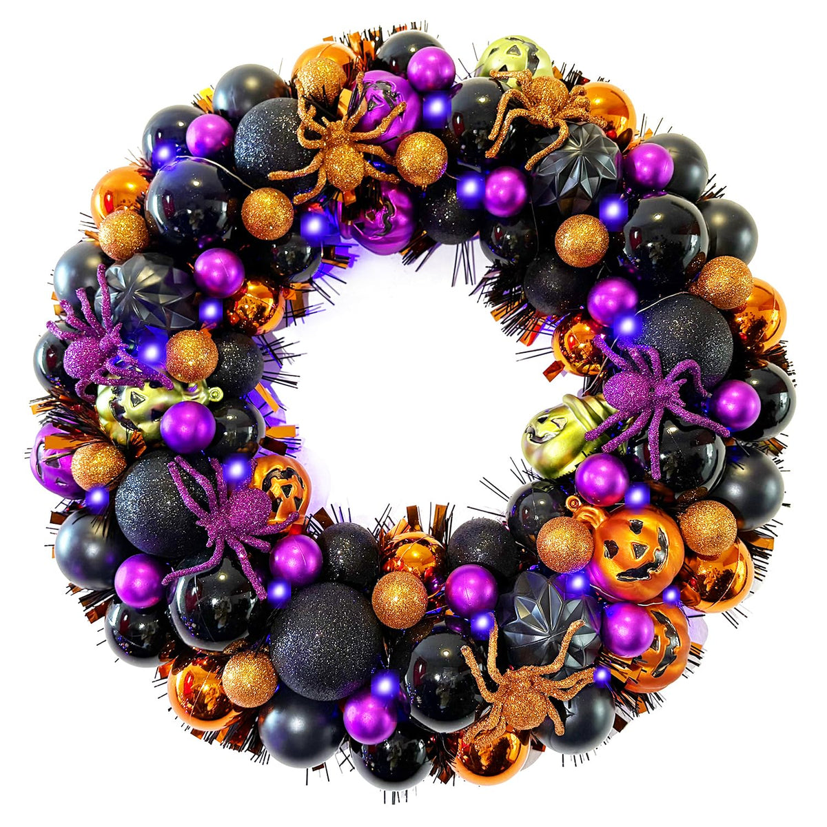 HipTree 17 Inch Halloween Ball Wreath for Front Door with Lights, Lighted Cute Treat-or-Trick Door Wreath Ball Ornament for Halloween Indoor Decorations Centerpiece Party Holiday Wall Home Decor
