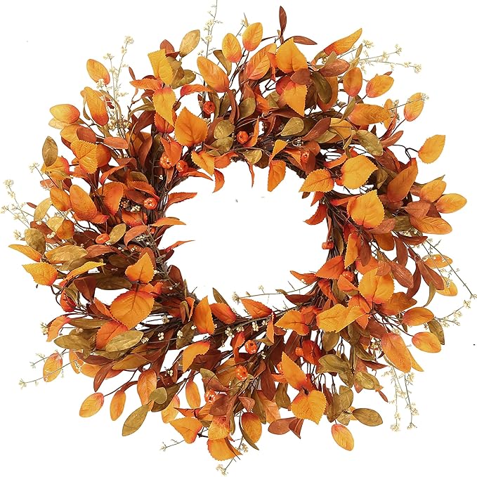 Sggvecsy Artificial Fall Wreath 21’’ Autumn Front Door Wreath with Fall Leaves Small Pumpkins Cluster of Berries for Outside Indoor Wall Window Festival Thanksgiving Fall Harvest Autumn Decor