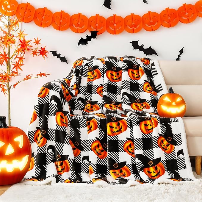 Touchat Halloween Blanket Twin Size 60" X 70"，Pumpkin Sherpa Fall Fuzzy Fluffy Soft Cozy Blankets, Fleece Flannel Plush Microfiber Throw for Couch Bed Sofa, Halloween Decor (BlackHalloween)