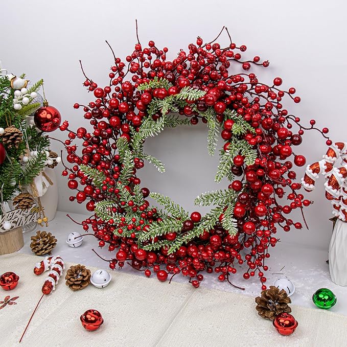 20 Inches Red Christmas Wreath Farmhouse Christmas Wreaths for Front Door Classic Winter Holiday Wreath with Red Berry Fir Pine Needle for Doors Window Indoors Porches Outside