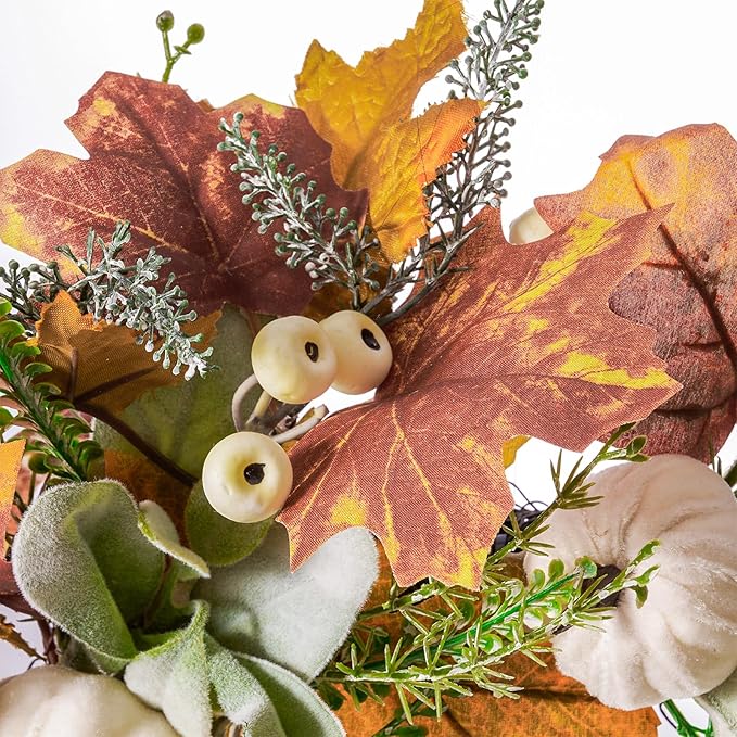 DN DECONATION 24“ Fall Wreaths for Front Door Decor, Autumn Harvest Wreaths for Porch Door Outdoor, Fall Wreath Decorations for Home Outside Thanksgiving, White Pumpkins Wreath