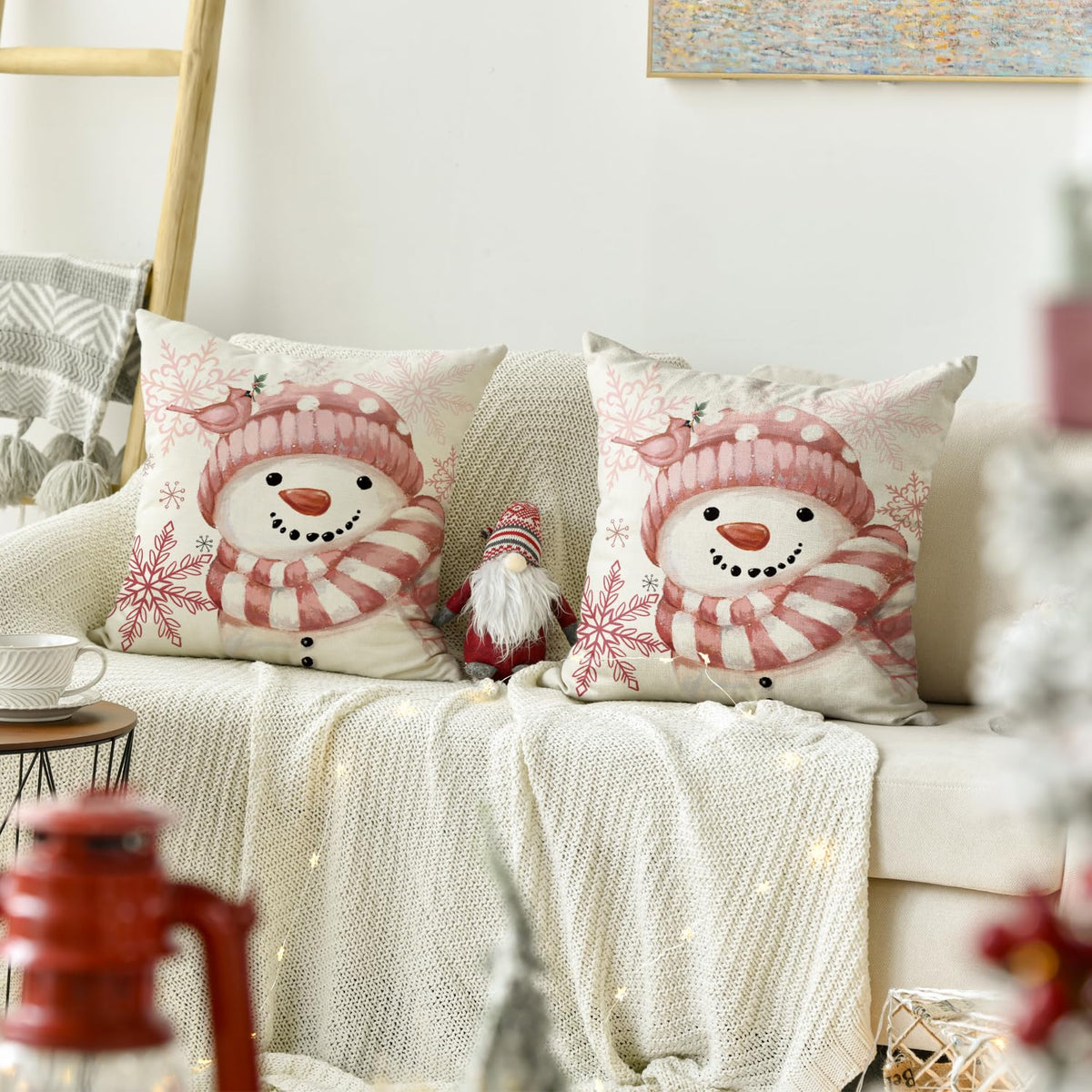 AVOIN colorlife Winter Snowman Snowflake Bird Throw Pillow Covers Set of 2, 18 x 18 Inch Pink Seasonal Christmas Holiday Cushion Case Decoration for Sofa Couch