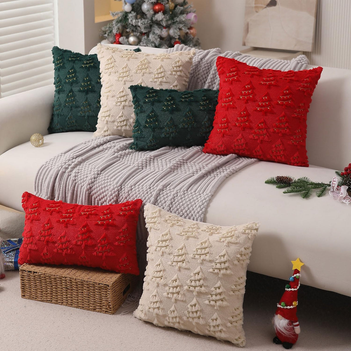 Allorry Christmas Pillow Covers 18x18 inch Set of 2 Soft Plush Faux Fur Christmas Decor Beige Xmax Tree Yellow Colored Lights Decoration Throw Pillow Case for Winter Holiday Sofa Living Room PT003C18
