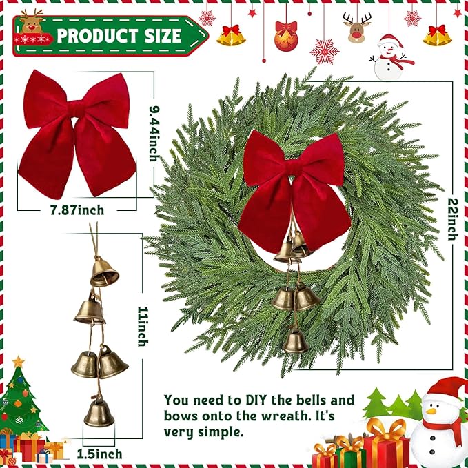 22 inch Norfolk Pine Wreath with Bow and Bell,Christmas Wreaths for Front Door,Artificial Real Touch Wreath for Door Wall Windows Mantle Outdoor Christmas Decoration