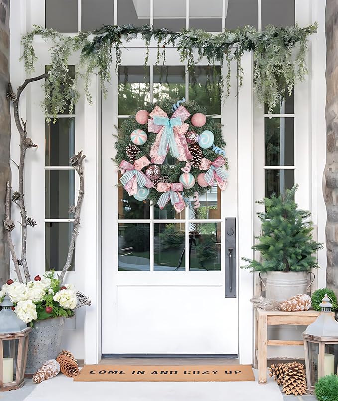 24 inch Pastel Christmas Door Wreath, Candy Cane Pine Wreaths for Front Door with Pink and Blue Ball Pinecones Berries for Fireplace Xmas Decorations, Wall Party Staircase Indoor Outdoor Holiday Decor