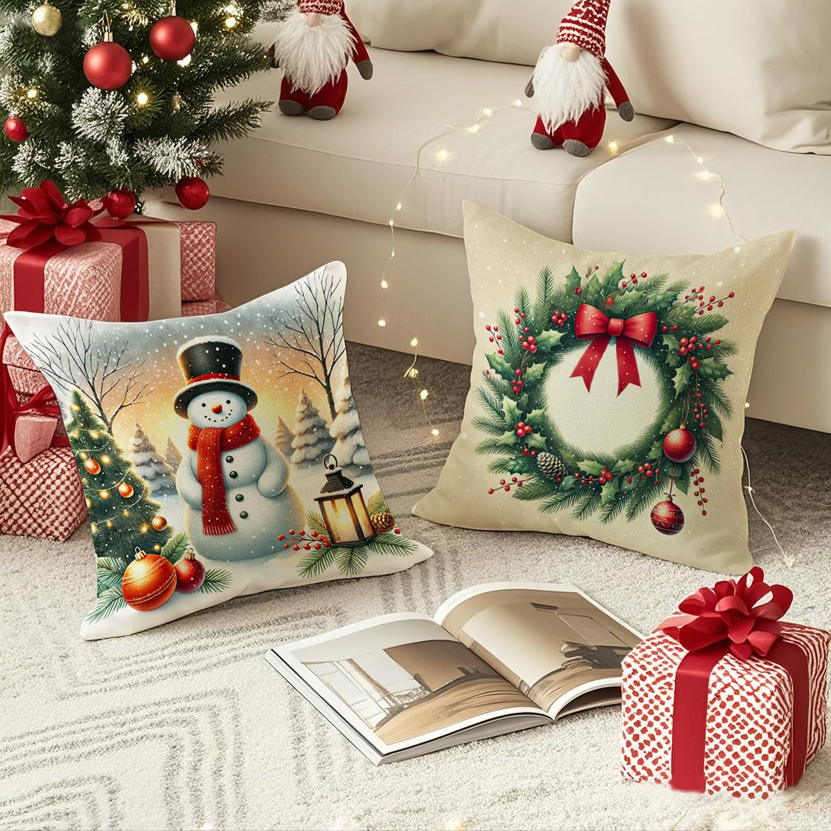 HDVUHKI Christmas Pillow Covers 18x18 inch Set of 4, Holiday Winter Outdoor Vintage Tree Snowflake Xmas Snowman Neutral Farmhouse Gold Seasonal Burlap Decorations for Sofa Couch