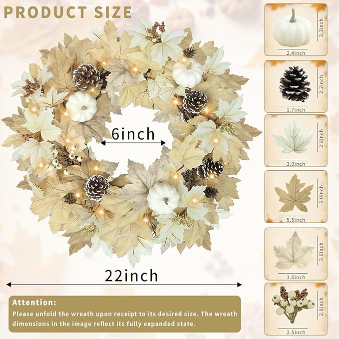 Fall Wreath with Lights 22 Inch - Fall Wreaths for Front Door Thanksgiving Halloween with Fall Home Decorations Autumn Wreath for Indoor Outdoor Wall Festival Decor