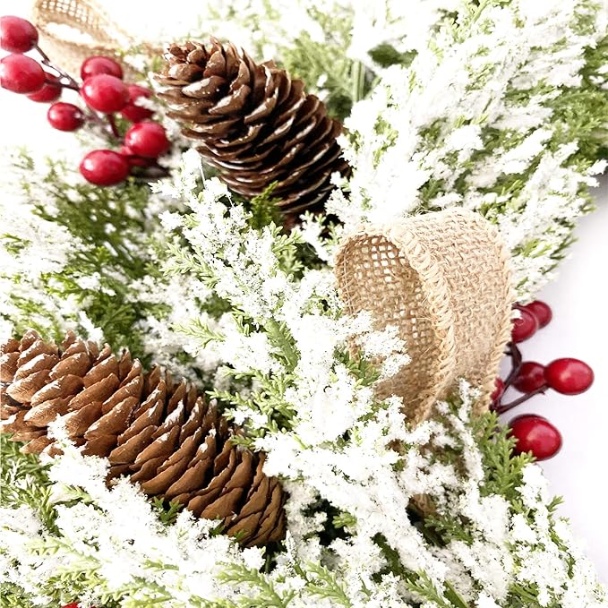 22” Artificial Christmas Door Wreath, Christmas Wreaths for Front Door, Winter Wreaths with Pine Cone, Red Berries, Burlap Ribbon & Snowflake, Holiday Outdoor Wreath Decorations