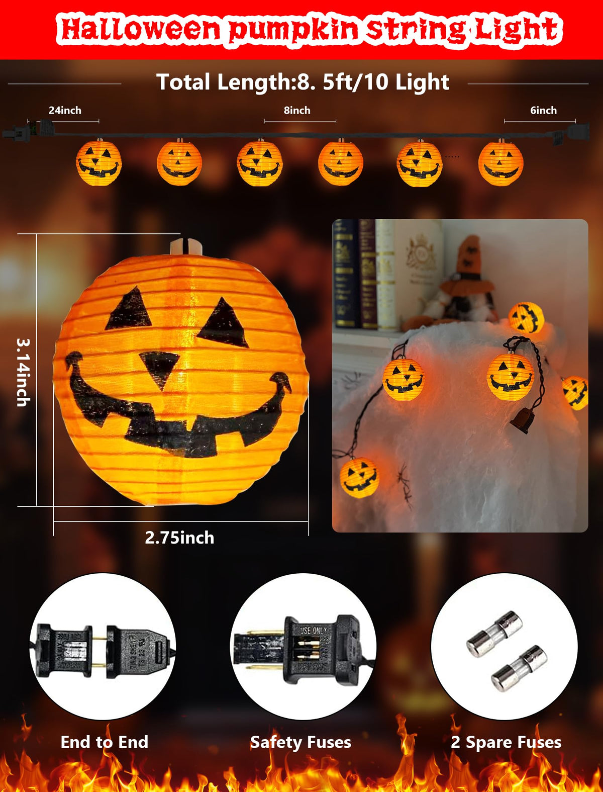 Halloween Outdoor Pumpkin String Lights, 8.5FT 10 Jack-o’-Lantern Lanterns with LED Bulbs, Connectable Waterproof Halloween Lights for Yard Patio Porch Garden, UL Listed Energy-Saving Fall Decor