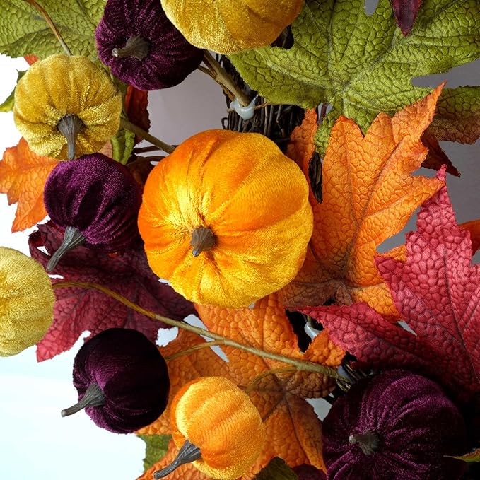 YULETIME 24" Fall Wreath, Artificial Autumn Wreath with Red, Orange, Green Maple Leaves and Orange, Purple, Green-Yellow Pumpkins (Pumpkin & Maple Leaf)