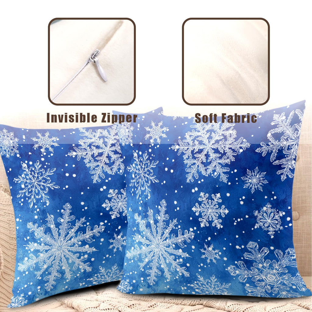 Wnoesat Winter Blue Snowflake Throw Pillow Covers 18x18 Set of 2 Merry Christmas Snowflakes Decorative Pillow Cases Xmas Holiday Outdoor Pillowcase for Farmhouse Living Room Decor