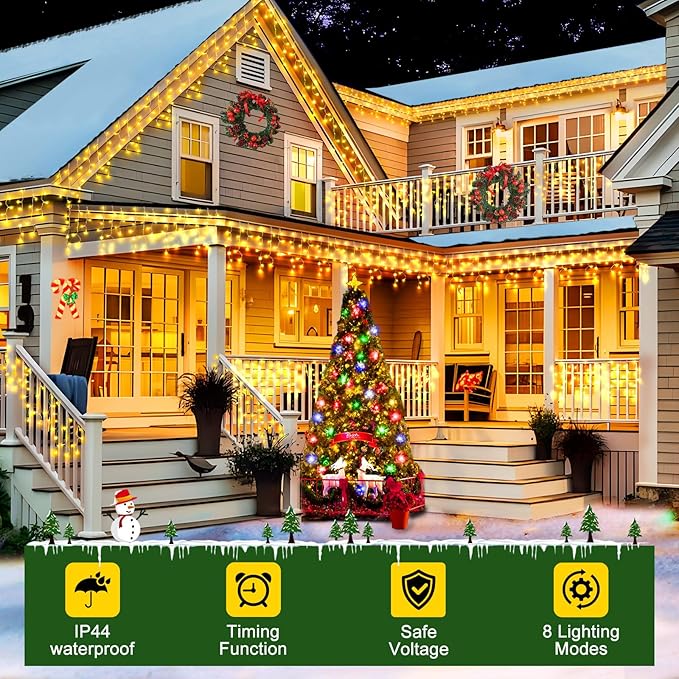50FT 480 LED Christmas Lights Outdoor Decorations with 90 Drops Timer 8Mode Curtain String Lights Waterproof Plug in Fairy Lights for Indoor,Xmas,Party,Patio,Window,Fence,Trees Decor(Warm White)