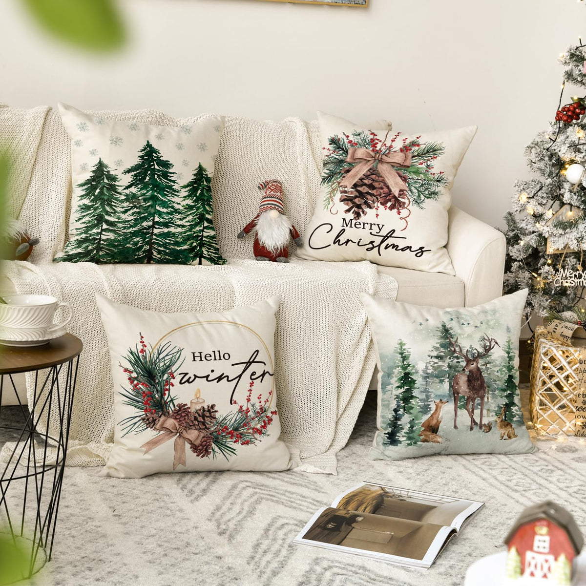 AVOIN colorlife Merry Christmas Trees Reindeer Snowflake Throw Pillow Covers, 18 x 18 Inch Xmas Red Berries Hello Winter Holiday Cushion Case Decoration for Sofa Couch Set of 4