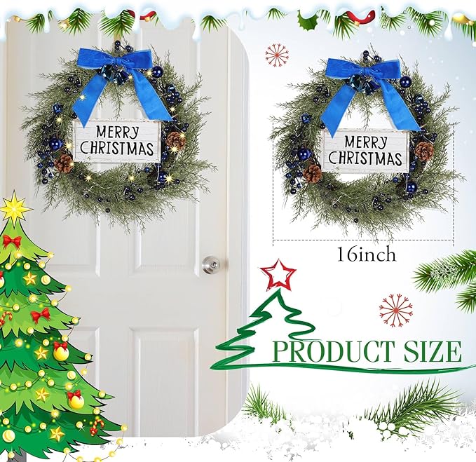 Lighted Christmas Artificial Cedar Wreath for Front Door with Hanger Christmas Wreaths Faux Norfolk with Velvet Bow LED Lights Jingle Bells Pinecone Berries Indoor Window Xmas Holiday Decor(Blue)