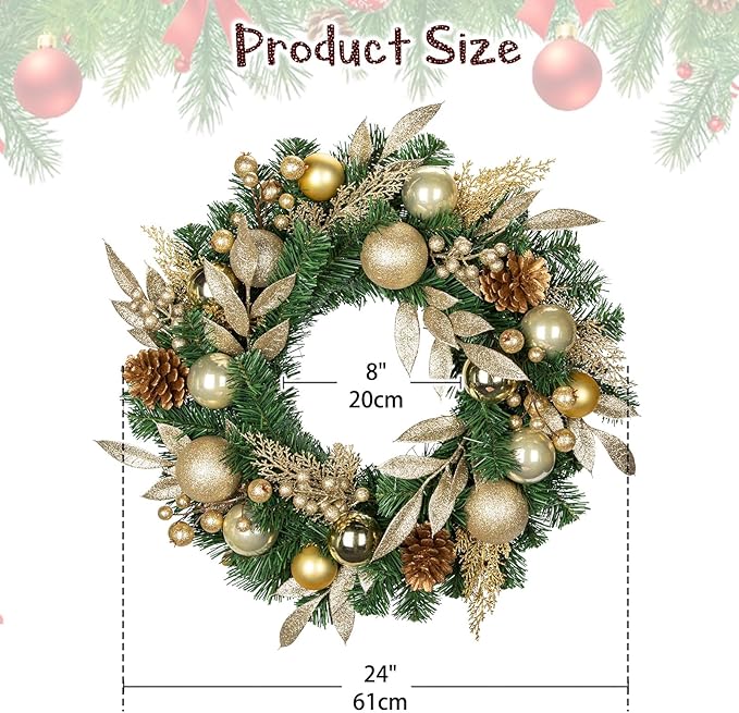 24 inch Christmas Door Wreath, Pine Wreaths for Front Door with Golden Ball Glittered Leaf Spray Stems Pinecones Berries for Fireplace Xmas Decorations, Wall Window Indoor Outdoor Decor