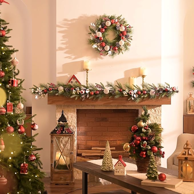 Valery Madelyn 20'' Pre-Lit Christmas Wreath for Front Door with Light, Lighted Christmas Door Wreath with Red White Xmas Ball Norfolk Pine Branches for Home Porch Fireplace Window Holiday Decor