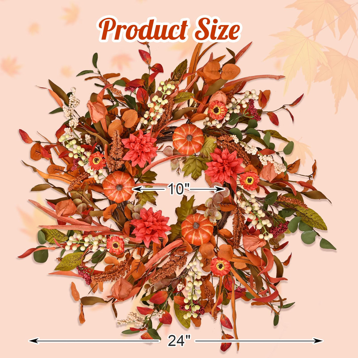 24" Pumpkin Fall Wreath with Colorful Mixed Leaves, Autumn Wildflower Artificial Wreath with Berry for Thanksgiving Halloween Front Door Home Wall Farmhouse Holiday Outdoor Indoor Décor