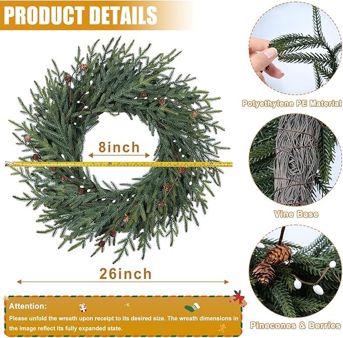 Artgar 26 Inch Pine Wreath - Christmas Wreaths for Front Door - Real Touch Pine Wreath with Pinecones Berries - Large Artificial Green Wreaths for Home Wall Window Porch Farmhouse Outdoor Xmas Decor