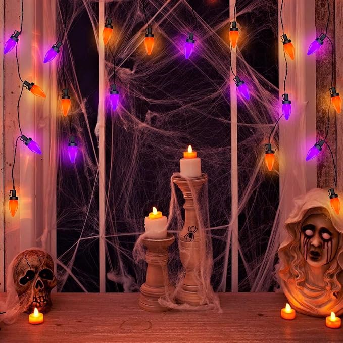 Purple and Orange Halloween Lights, 26Ft Halloween Outdoor String Lights with 50 LED Orange Purple Light, Waterproof Halloweens Decorations for Outdoor Indoor Patio Home Party Garden Yard
