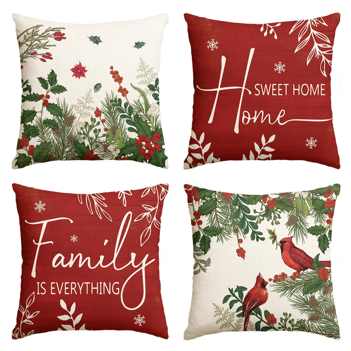 AVOIN colorlife Christmas Cardinal Home Sweet Home Poinsettia Holly Berries Throw Pillow Covers, 18 x 18 Inch Family is Everything Winter Holiday Cushion Case Decoration for Sofa Couch Set of 4