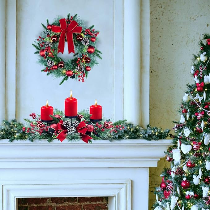 YULETIME 20" Pre-Lit Christmas Wreath, Battery Operated with 10 Fairy Lights Holiday Wreath, Red Bowknot & Baubles, Pine Cones, Red Berries, Green Leaves Holly, Spruce Branches, Pine Needles