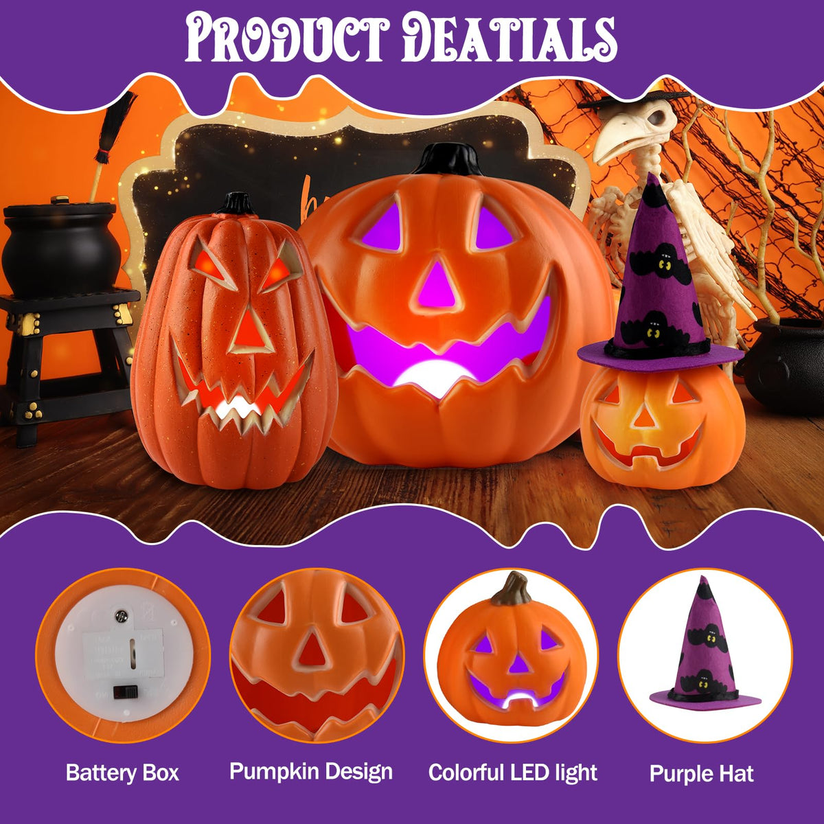 Halloween LED Jack-O-Lantern Lights with Purple Bat Hat, Color-Changing Pumpkin Decor Set of 3 Battery Operated Table Ornaments for Home Party Decor