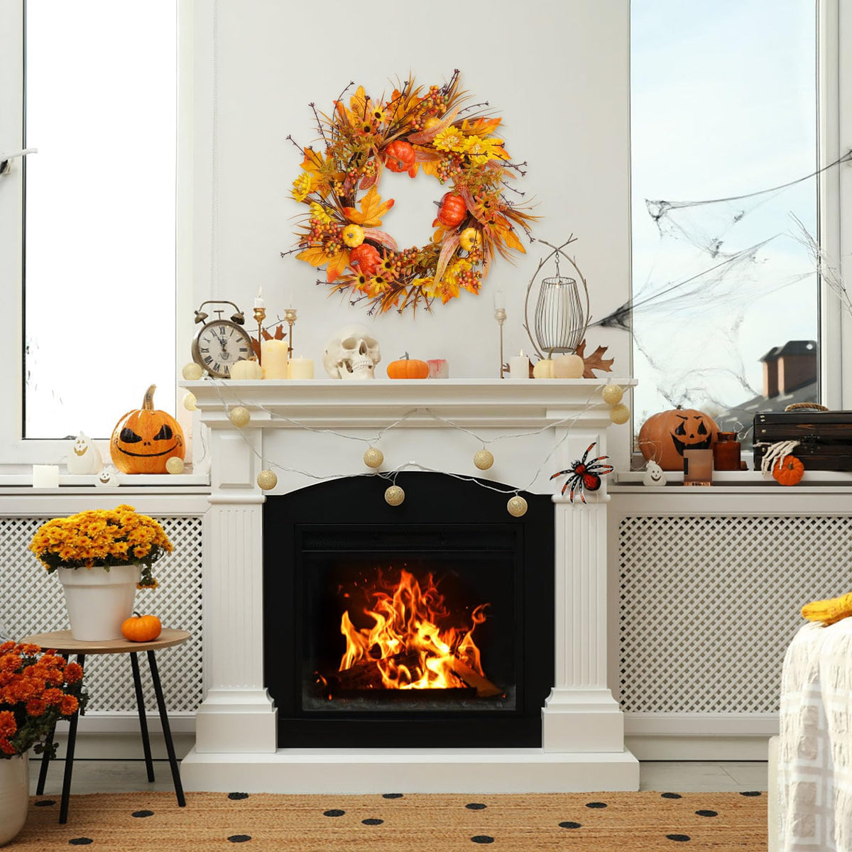 PurpleSwan 19Inch Fall Wreath, Artificial Pumpkins Maple Leaves Berry Fall Wreaths for Front Door Decor, for Home Autumn Harvest Thanksgiving Porch Outdoor Decorations.