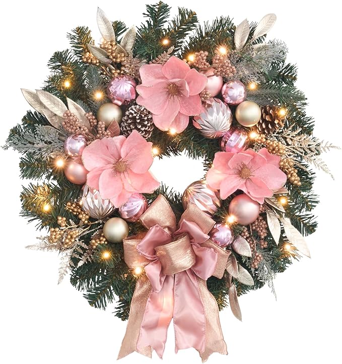 22inch Christmas Pink Wreath for Front Door with 25 LED Lights w/Timer,Elegant Magnolia Christmas Door Wreath,Lighted Festive Winter Decor,Pink Decorations for Wedding