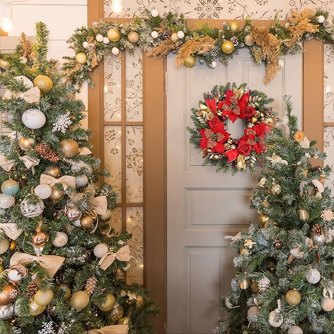 Christmas Wreaths for Front Door,Winter Wreaths for Indoor and Outdoor Christmas Decorations,Christmas Door Wreath with Red Christmas Flowers and Golden Ball,Pine Cones for Christmas Decor