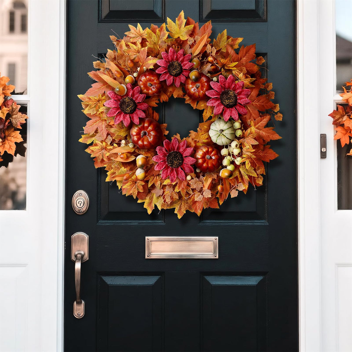 28'' Large Fall Wreath for Front Door, Porch, Window- Artificial Maple Leaves Fake Pumpkins Faux Acorns Sunflower Outdoor Autumn Wreath for Home, Farmhouse Wall Thanksgiving Day Harvest Festival Decor