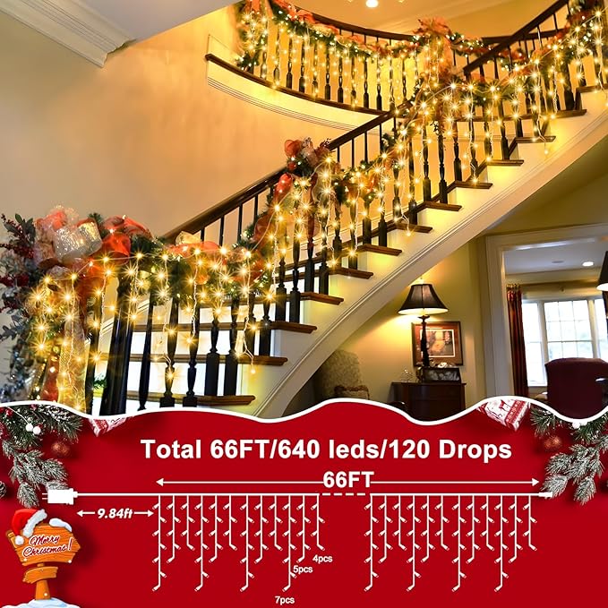 XURISEN 66ft Christmas Lights Decorations Outdoor, 640 LED 8 Modes Curtain Fairy Lights with 120 Drops,Plug in Waterproof Timer Memory Function for Christmas Holiday Wedding Party Decor(Warm White)