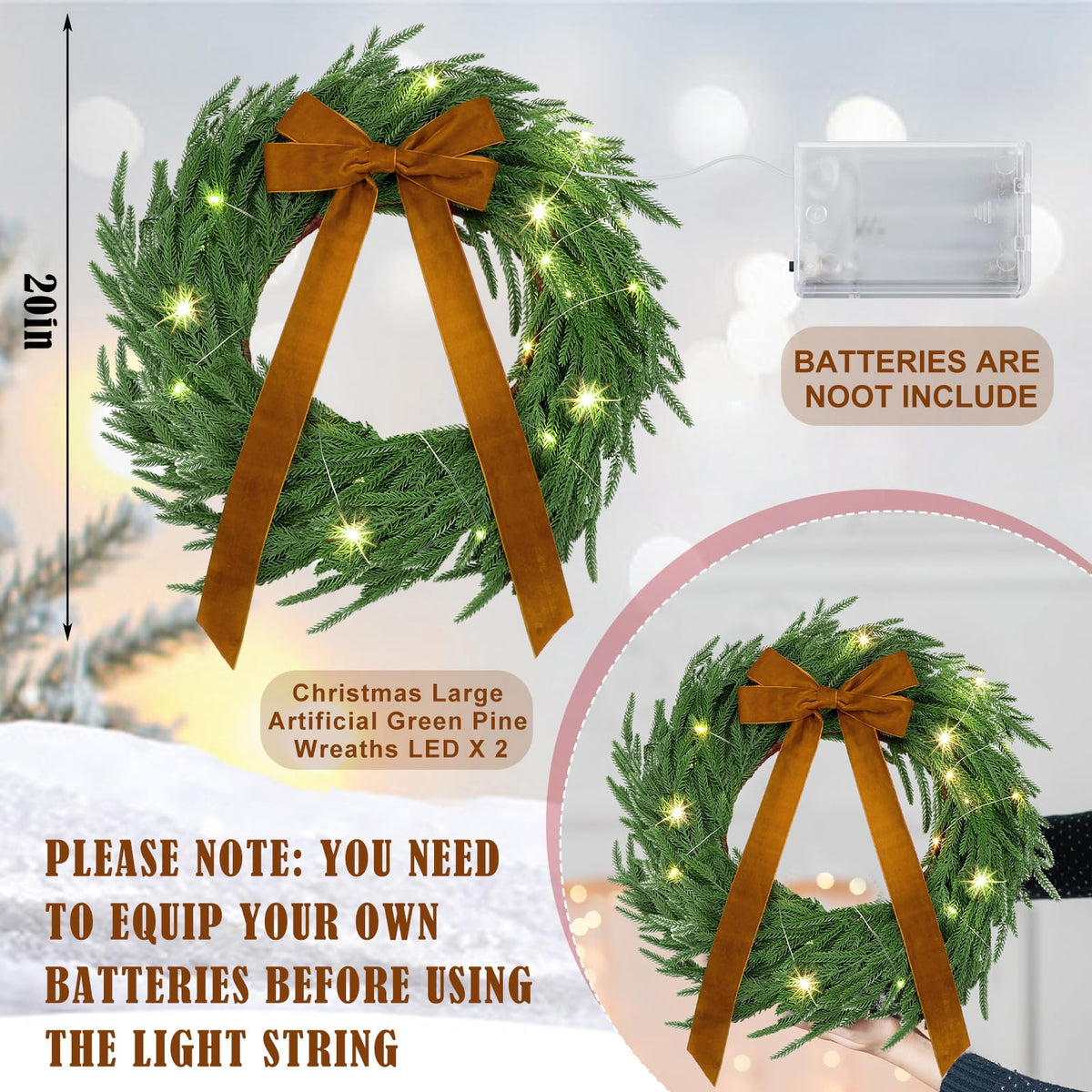 Daifunli 2 Pack 20 Inch Light up Christmas Norfolk Pine Wreaths with Khaki Bows Artificial Realistic Green Wreath with Pre-lit LED for Front Door Wall Mantle Outdoor Xmas Windows Porch Decor