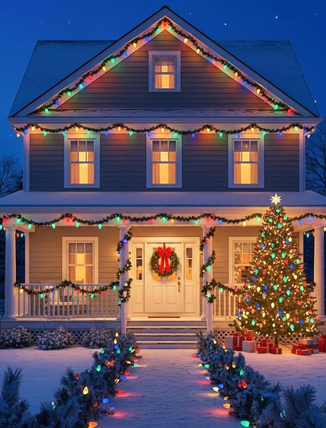 LED Christmas Lights Outdoor, 26FT 50 Count Multicolor C9 String Lights, Energy-Saving Vintage Christmas Lights, Connectable Plug-in Outside Colored Christmas Tree Lights for House Decorations