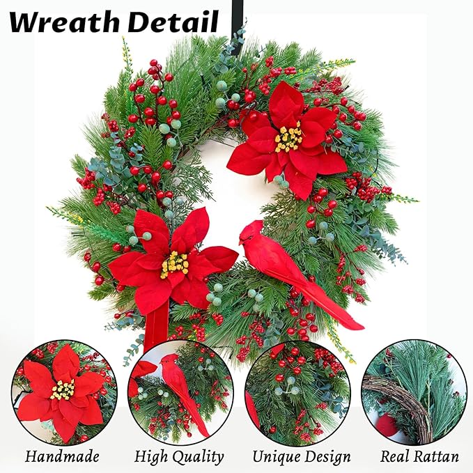 Pre-Lit Christmas Wreaths for Front Door 24 Inch Christmas Wreath with Lights,Large Winter Wreath with Cardinal Birds,Poinsettia,Green Evergreen Pine Needles Red Berries Holiday Wreath Decor