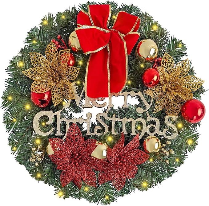 FR Artificial Pre-Lit Fir Christmas Wreath Holiday Accent Decoration, Wintry Pine, Decorated with Pine Cones Berry Clusters, with LED Lights Battery Operated for Door, Mantel - 20 Inch