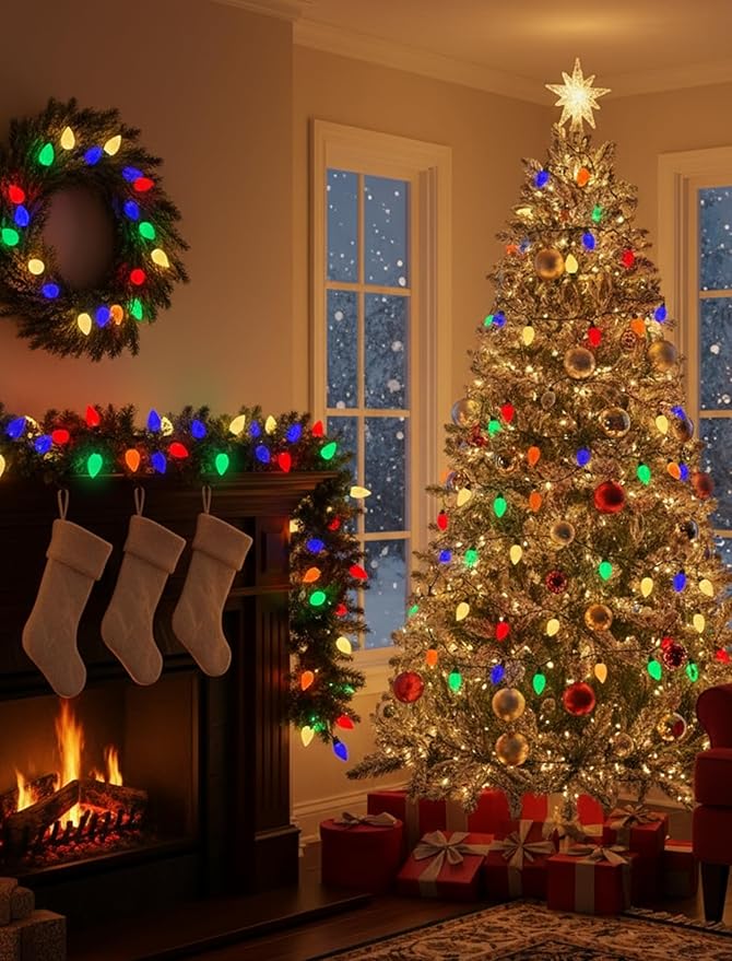 LED Christmas Lights Outdoor, 26FT 50 Count Multicolor C9 String Lights, Energy-Saving Vintage Christmas Lights, Connectable Plug-in Outside Colored Christmas Tree Lights for House Decorations