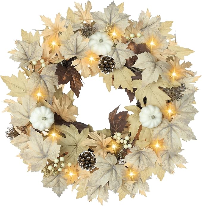 Realistic Fall Wreath with Lights, 22" Fall Wreaths for Front Door with Pumpkins Fall Leaves Berries Pine Cones,Autumn Wreath Fall Decorations for Home Thanksgiving Halloween Decorations for Wall Door