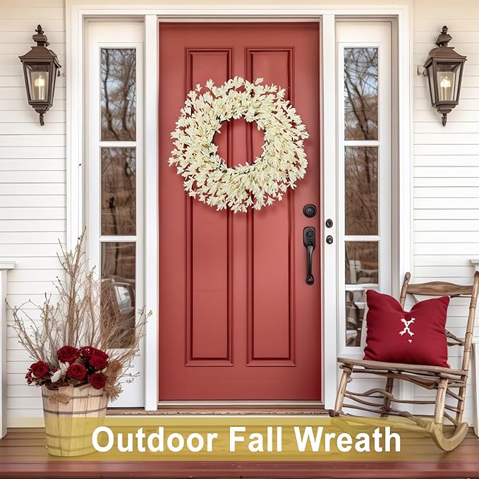 26 Inch Realistic Fall Wreaths for Front Door Outside Autumn Wreath Outdoor Indoors Fall Decorations for Home Thanksgiving Halloween Holiday Decorations Clearance for Wall Porch Door (Fall White)