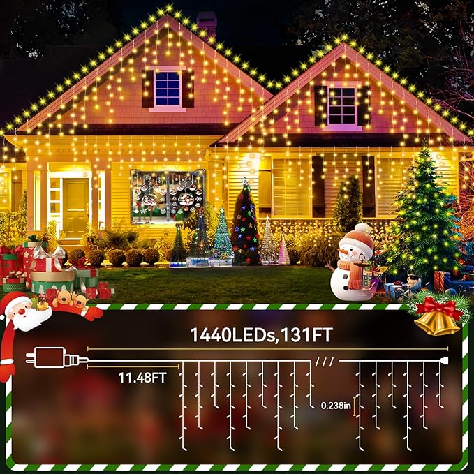 131FT Christmas Lights Outdoor 1440 LED Christmas Decorations Waterproof Plug in with 8 Modes & Timer Christmas Lights for Roof Party Garden Holiday Decor（Warm White）