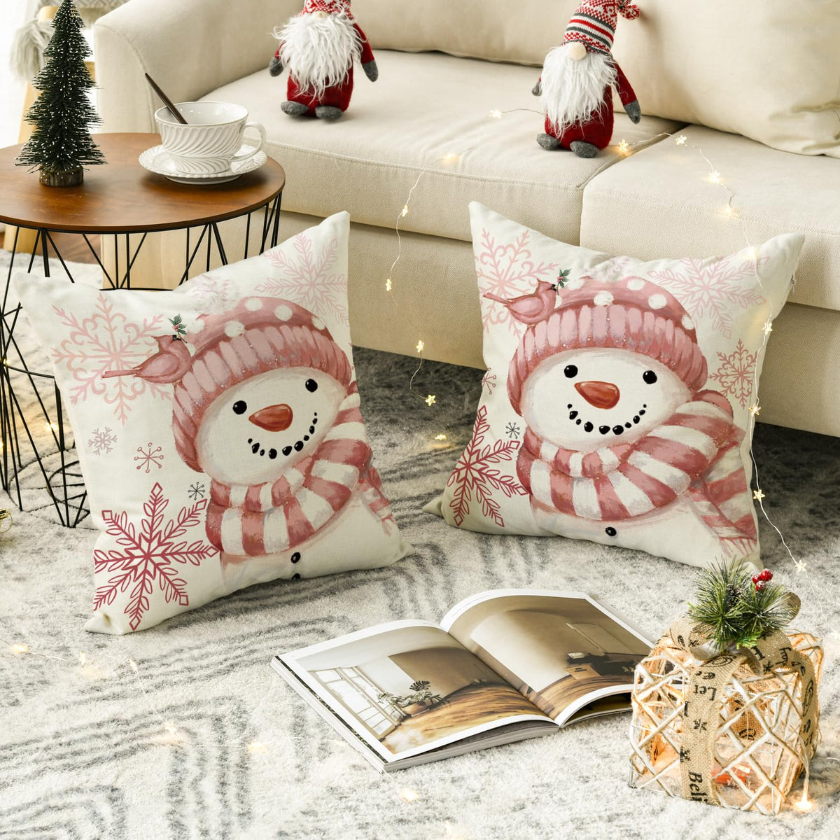AVOIN colorlife Winter Snowman Snowflake Bird Throw Pillow Covers Set of 2, 18 x 18 Inch Pink Seasonal Christmas Holiday Cushion Case Decoration for Sofa Couch