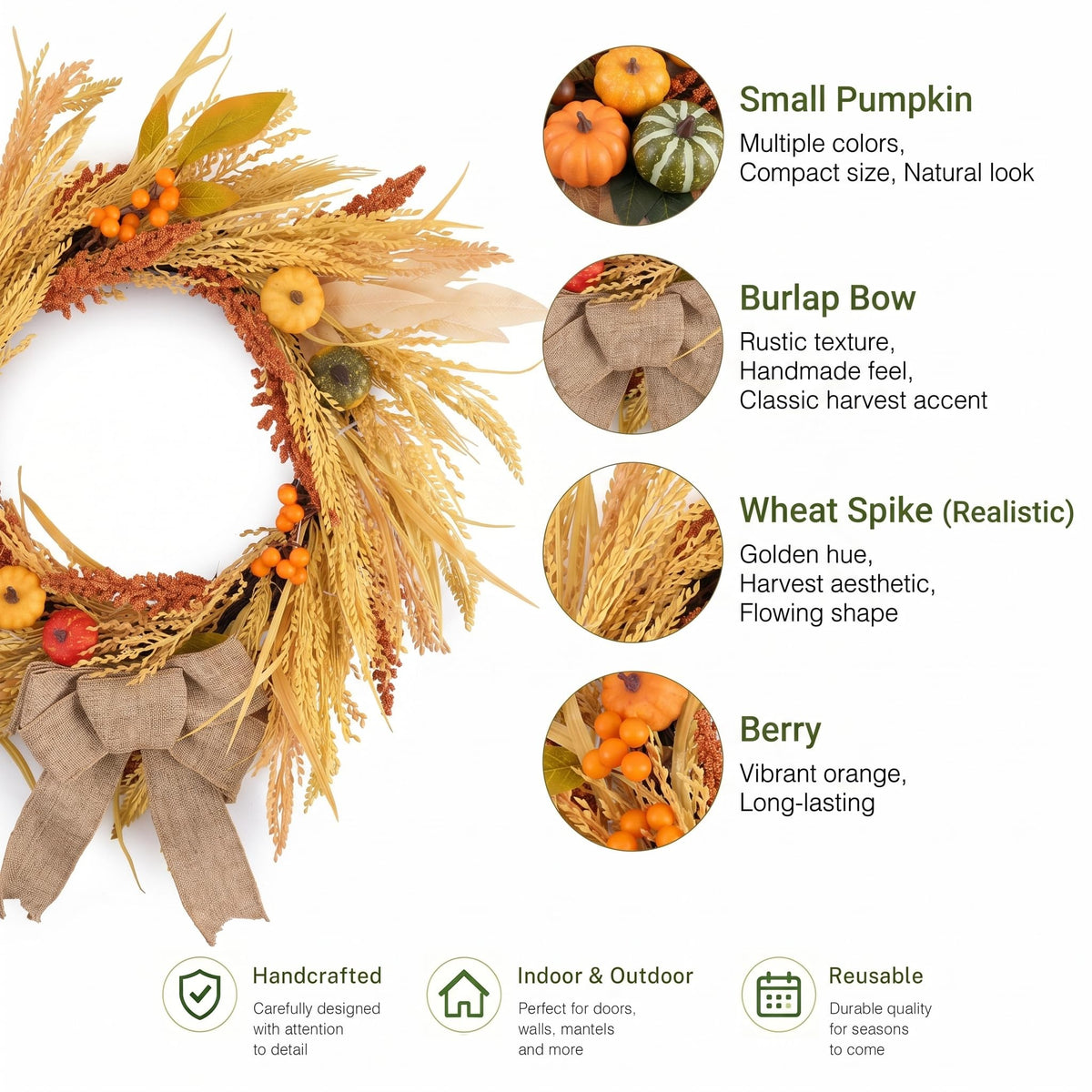 DecorbyHannah Fall Wreath for Front Door Outside, 24'' Collapsible Pre-Lit Rustic Farmhouse Autumn Harvest Door Wreath with Pumpkin Wheat Burlap Bow, Outdoor Fall Decorations for Home Mantle Porch